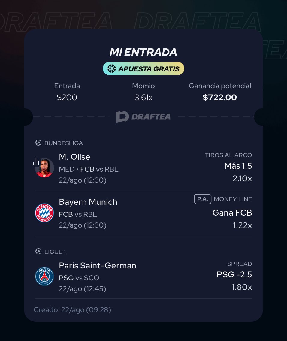 El Pick de Bernardo (@bernardopicks) on Twitter photo Buenos dias de VIERNES BOTANERO
Así voy con la apuesta gratis de $200 que nos regalaron a algunos en <a href="/Draftea_Mexico/">Draftea México</a> 🚀
Si se gana reparto las ganancias con alguno que deje su interacción 🫶🔄
Código Draftea: UNTURBO para que te den 4 APUESTAS GRATIS en tu primer depósito en Buenos dias de VIERNES BOTANERO
Así voy con la apuesta gratis de $200 que nos regalaron a algunos en <a href="/Draftea_Mexico/">Draftea México</a> 🚀
Si se gana reparto las ganancias con alguno que deje su interacción 🫶🔄
Código Draftea: UNTURBO para que te den 4 APUESTAS GRATIS en tu primer depósito en