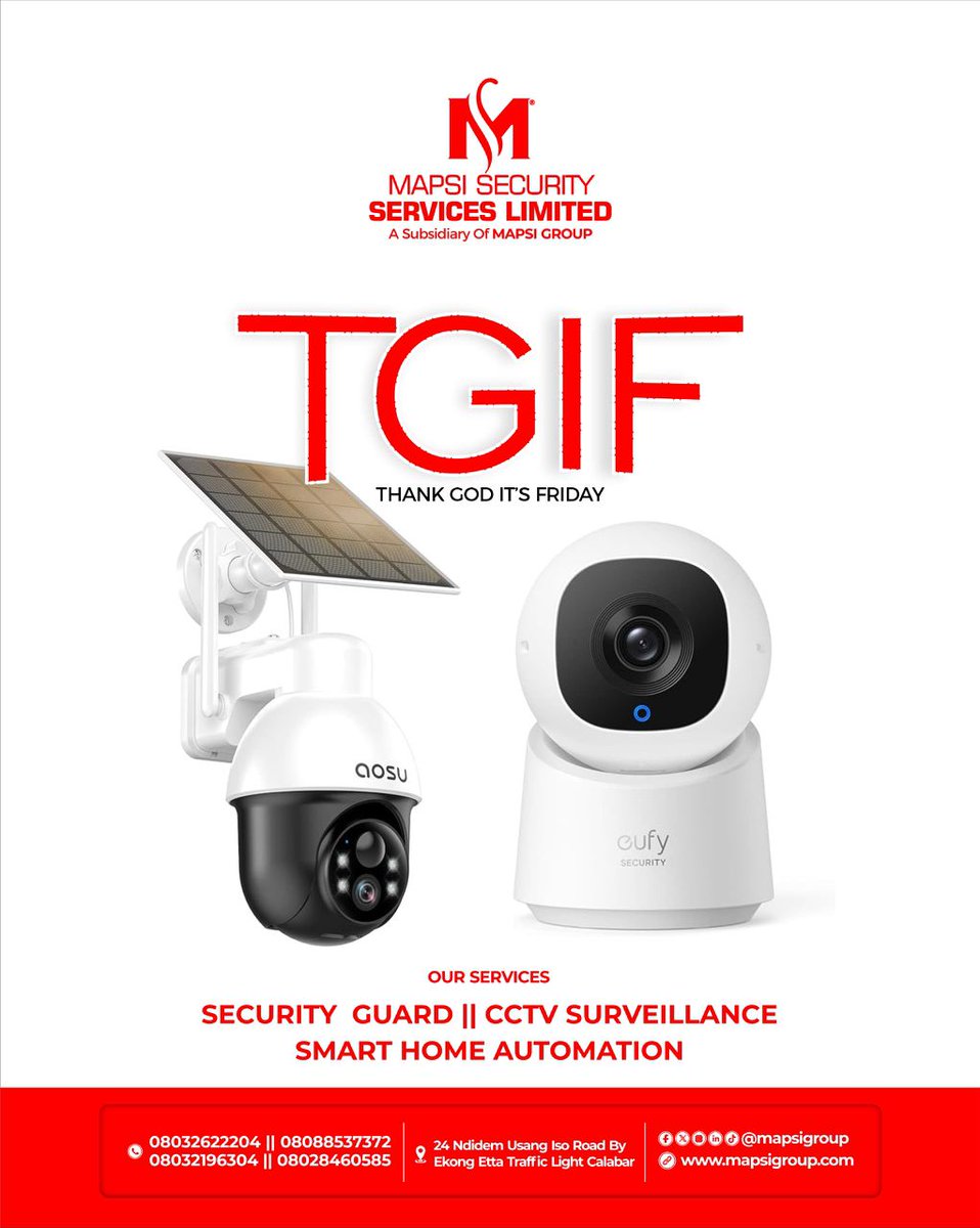 "TGIF! 😊 
Wishing you a secure and fantastic weekend from Mapsi Security Services! 
May your homes be smart, your families be safe, and your weekends be relaxing! 💻🏠 
#TGIF #SecuritySolutions #SmartHomeAutomation
#MapsiSecurityServices