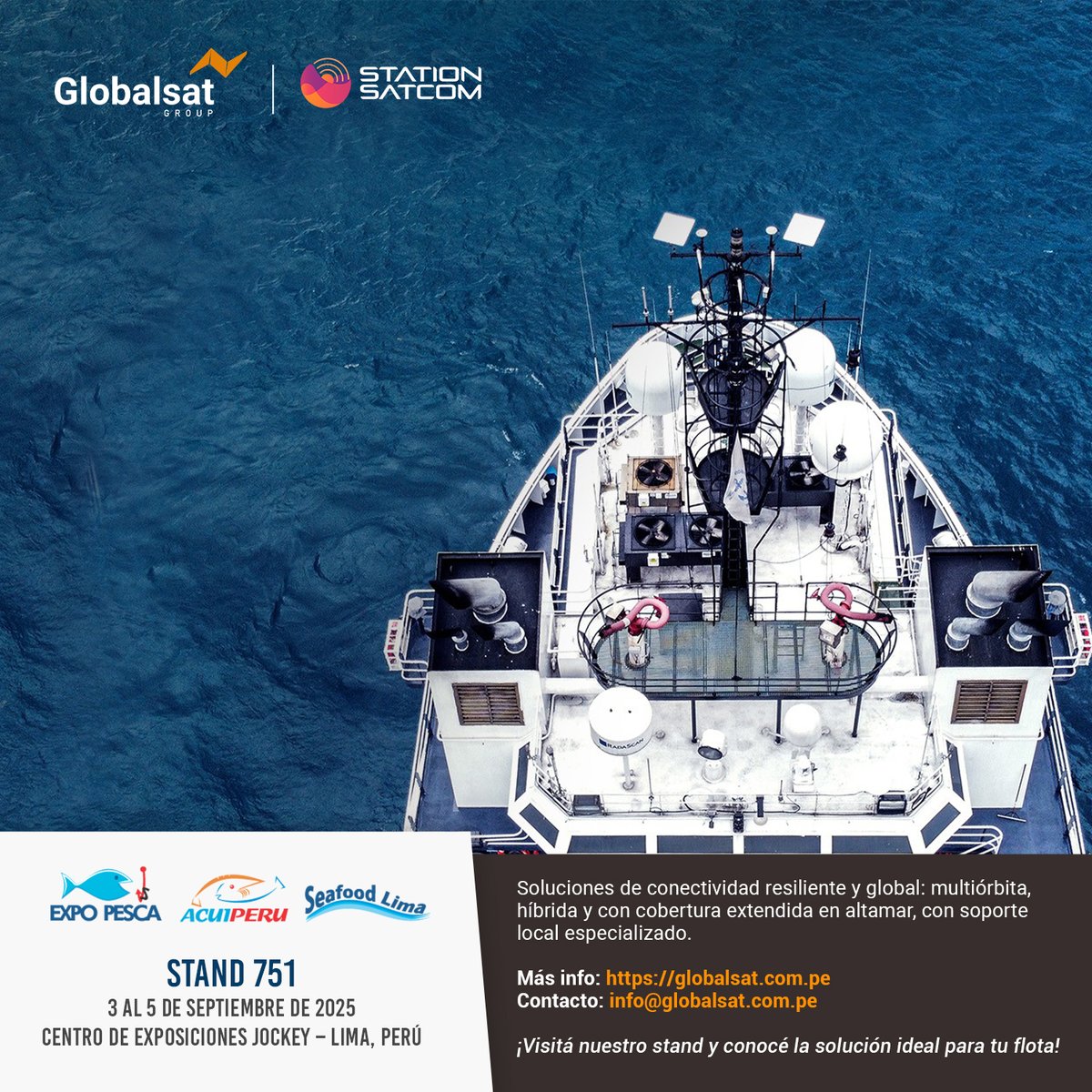 En la industria pesquera, la continuidad operativa depende de contar con soluciones de conectividad confiables, incluso en alta mar.

En Expo Pesca &amp; Acuiperu 2025, presentaremos junto a Station Satcom cómo la tecnología multiórbita, híbrida y resiliente está transformando la