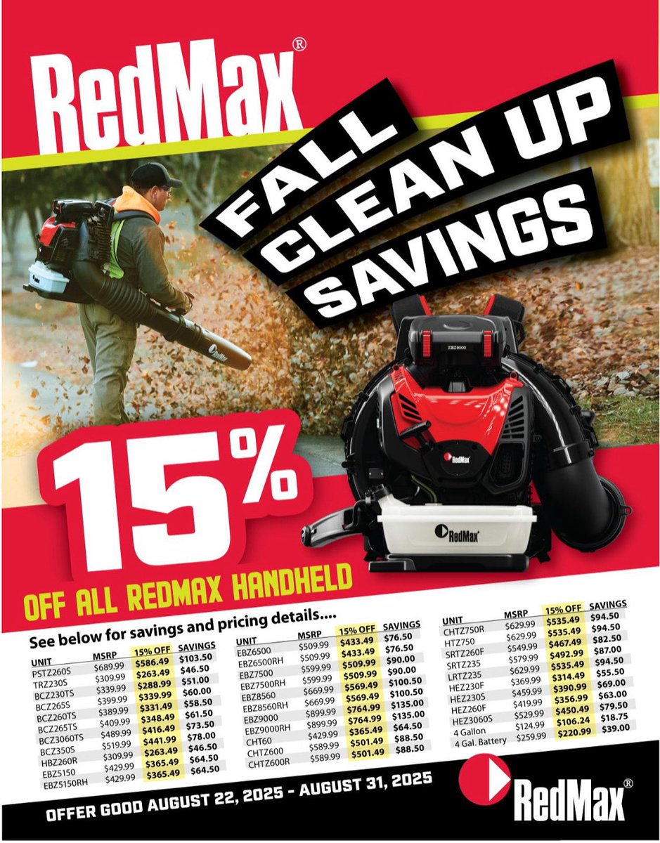MMToolsTN's tweet photo. 🚨 RedMax "Fall Clean Up Savings" Sale - 1 Week Only, Now until 8/31/2025‼️
15% Off RedMax Handheld trimmers, blowers, hedge trimmers, pole saws, etc. Don't miss these savings‼️

#RedMax #MMToolsTN #lawncare #leafblower #trimmer #hedgetrimmer #polesaw https://t.co/SQW5OJiAFN