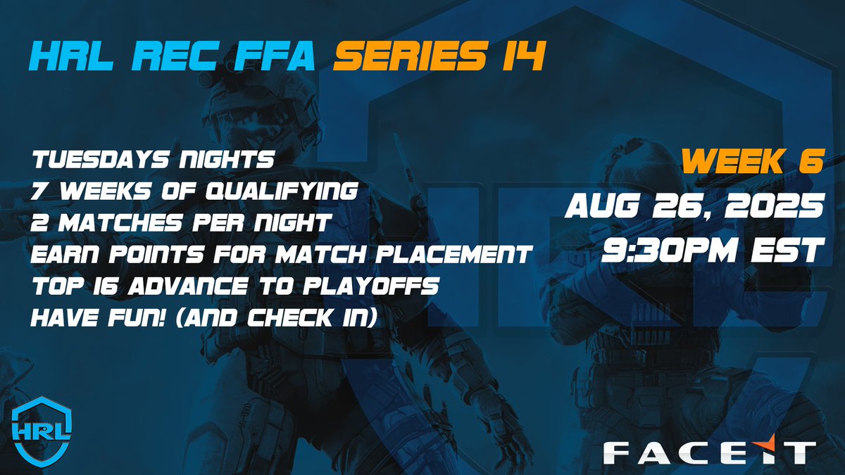 There are only two more weeks before we take the Top 16 players into the semifinals! Make sure you're signed up and compete to gain your playoff points!

faceit.com/en/championshi…