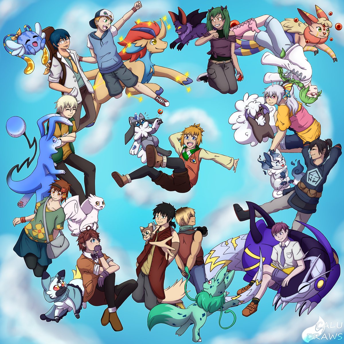 Calu_draws's tweet image. after 2 years I finally got to finish this drawing of all my Pokemon Trainer OCs! 💜 I am insanely proud of this one!

You can find more infos and closeups of the characters on my🦋 or tumblr!