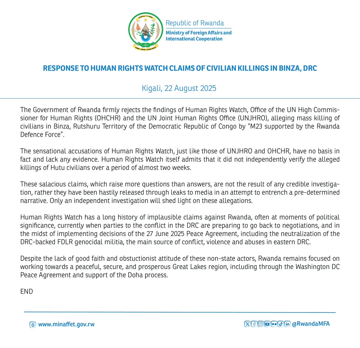 RESPONSE TO HUMAN RIGHTS WATCH CLAIMS OF CIVILIAN KILLINGS IN BINZA, DRC

Read the full statement: tinyurl.com/yv62tamm