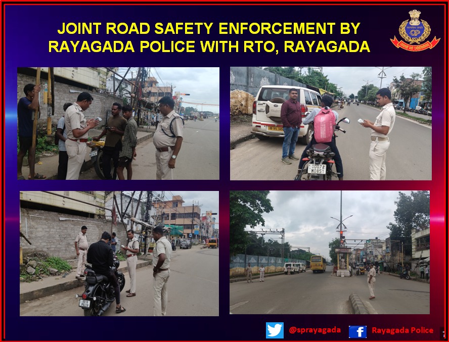 Rayagada Police conducted a joint road safety enforcement drive with RTO, Rayagada at Kapilash Chhak. During drive issued 85 e-challans, including 67 for without helmets, 2 for no seat belts and others for traffic violations. Total fine collected: ₹3,58,000.
<a href="/digswrkoraput/">DIGP, SWR Koraput, Odisha</a>