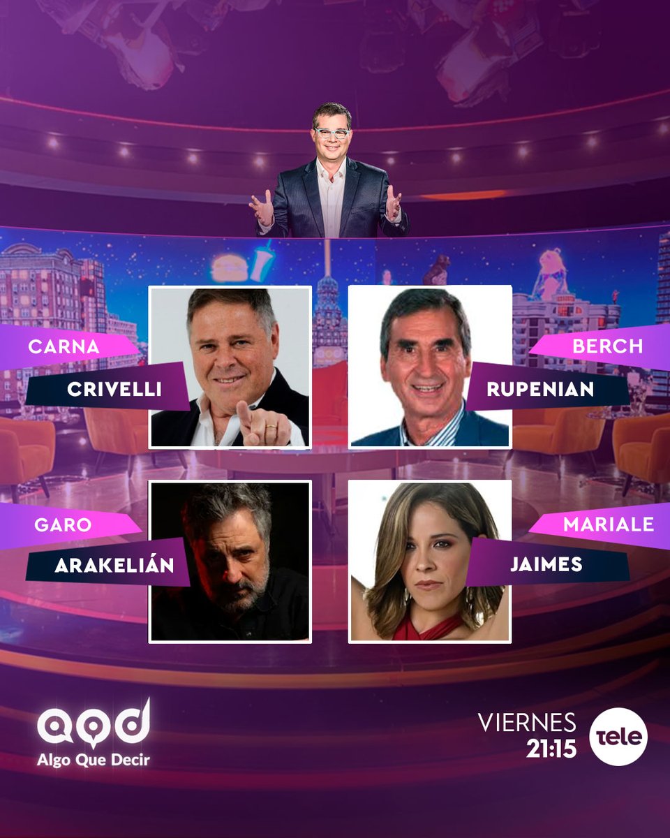 Algo que decir (@algoqdecir12) on Twitter photo ✨Se viene un gran programa de #AlgoQueDecir
➡️ Carna Crivelli
➡️ Berch Rupenian
➡️ <a href="/garoarakelian/">Garo Arakelian</a>
➡️ Mariale Jaimes
✅ 21:15 horas por la pantalla de <a href="/teledoce/">𝗧𝗲𝗹𝗲𝗱𝗼𝗰𝗲 📺</a> 📺 ✨Se viene un gran programa de #AlgoQueDecir
➡️ Carna Crivelli
➡️ Berch Rupenian
➡️ <a href="/garoarakelian/">Garo Arakelian</a>
➡️ Mariale Jaimes
✅ 21:15 horas por la pantalla de <a href="/teledoce/">𝗧𝗲𝗹𝗲𝗱𝗼𝗰𝗲 📺</a> 📺