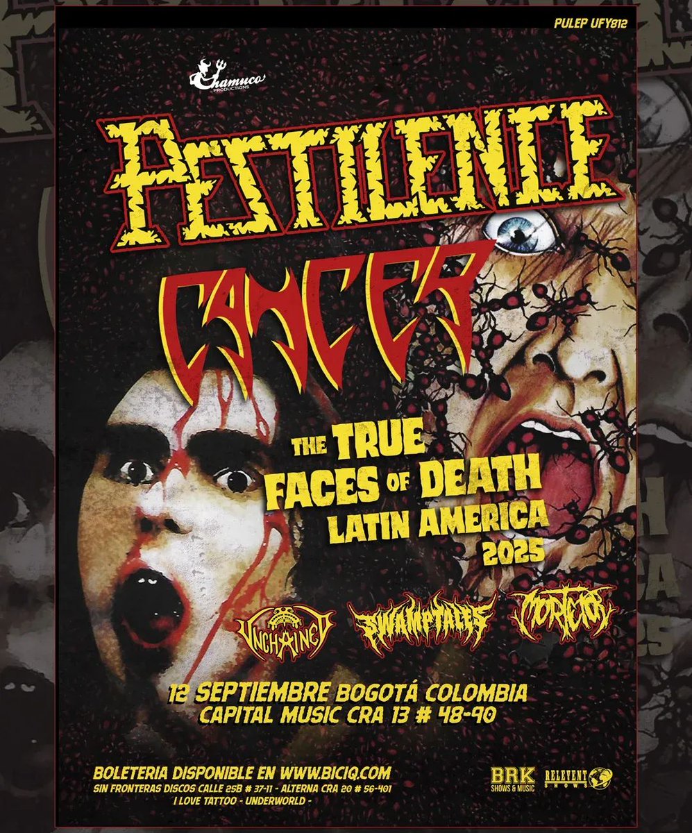 Pestilence+ Can..cer en Bogotá 
12 de Septiembre en Capital Music 

Boletería disponible con @brkshows y @releventshows 
#Comparte #Apoya