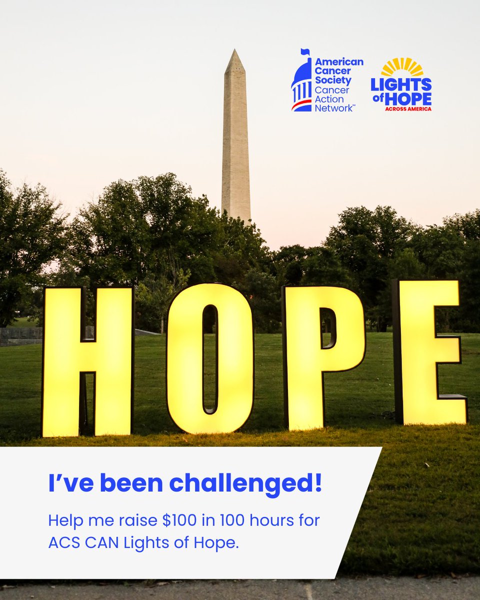 I've been challenged to raise $100 in 100 hours to fight #cancer. Can you help? acscan.donordrive.com/participant/Ma…
