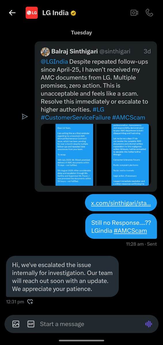 sinthigari's tweet image. @LGIndia It's Aug 22 and still NO AMC documents since my first follow-up on April 25. You claimed escalation on Aug 19, yet nothing delivered. This delay is beyond negligence—it reeks of fraud. Act NOW or face formal escalation. #LG #AMCScam #CustomerServiceFailure