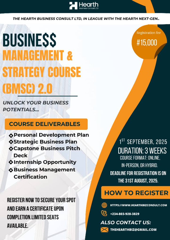 comfortiscareer's tweet image. 🚀 Ready to take your business to the next level?
Join the Business Management &amp;amp; Strategy Course (BMSC 2.0) starting Sept 1.
✨ 3 weeks of growth
✨ Internship opportunities
✨ Business certification
💡 Registration closes Aug 31.
#BMSC #BusinessGrowth