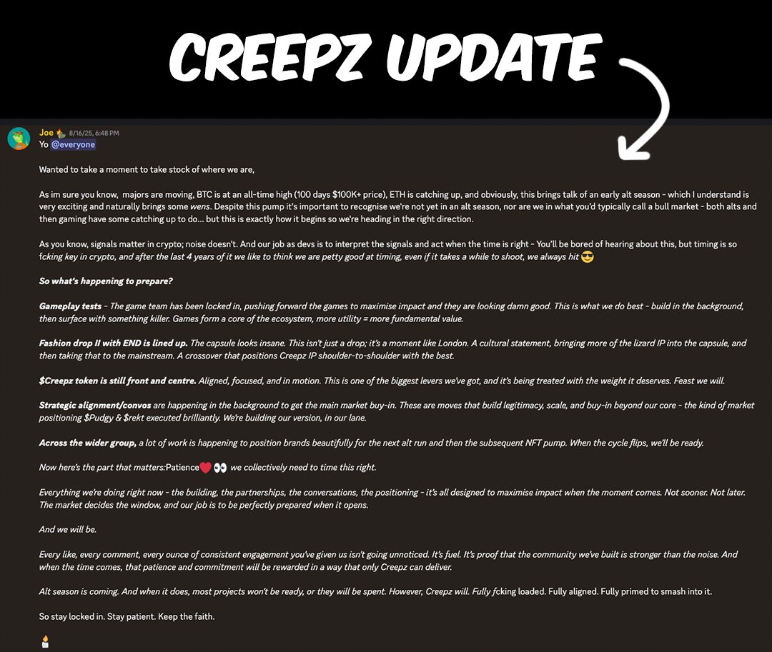 Latest news on Creepz?

- Games (gameplay tests and finalizing)
- Clothing line  (second drop with END incoming)
- Creepz token (as the center of it all)

tldr: Building &amp; Timing the market.

Great update by <a href="/jo3car/">JOE</a>