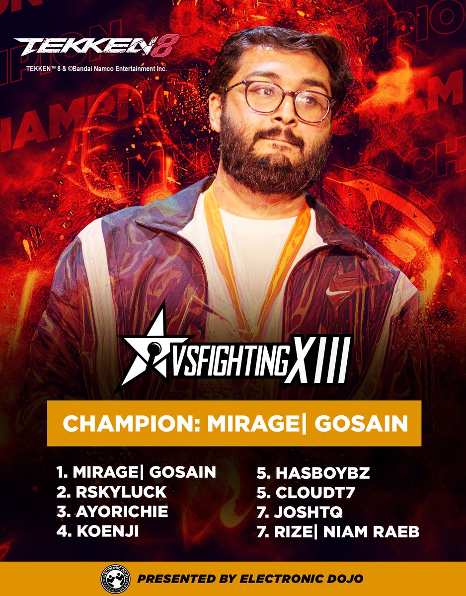 Electronic Dojo (@electronicdojo) on Twitter photo Congratulations to your TEKKEN 8 champion at VSFighting XIII <a href="/Gosain__/">Mirage | Gosain</a> π #VSF Congratulations to your TEKKEN 8 champion at VSFighting XIII <a href="/Gosain__/">Mirage | Gosain</a> π #VSF