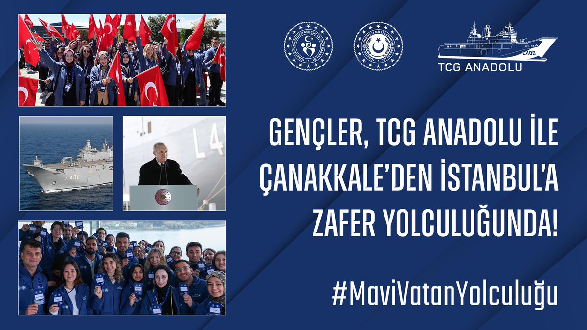 Bu gemi, gururu, geleceği, başarıyı, zaferi taşıyor. 🛳️

Zafer Haftası etkinlikleri kapsamında 350 gencimiz, TCG Anadolu gemisiyle Çanakkale’den İstanbul’a #MaviVatanYolculuğu’na çıkıyor. 

Bu gemi, Türkiye Yüzyılı’nı taşıyor. 🇹🇷
<a href="/OA_BAK/">Dr. Osman Aşkın Bak</a> <a href="/gencliksporbak/">Gençlik ve Spor Bakanlığı 🇹🇷</a>