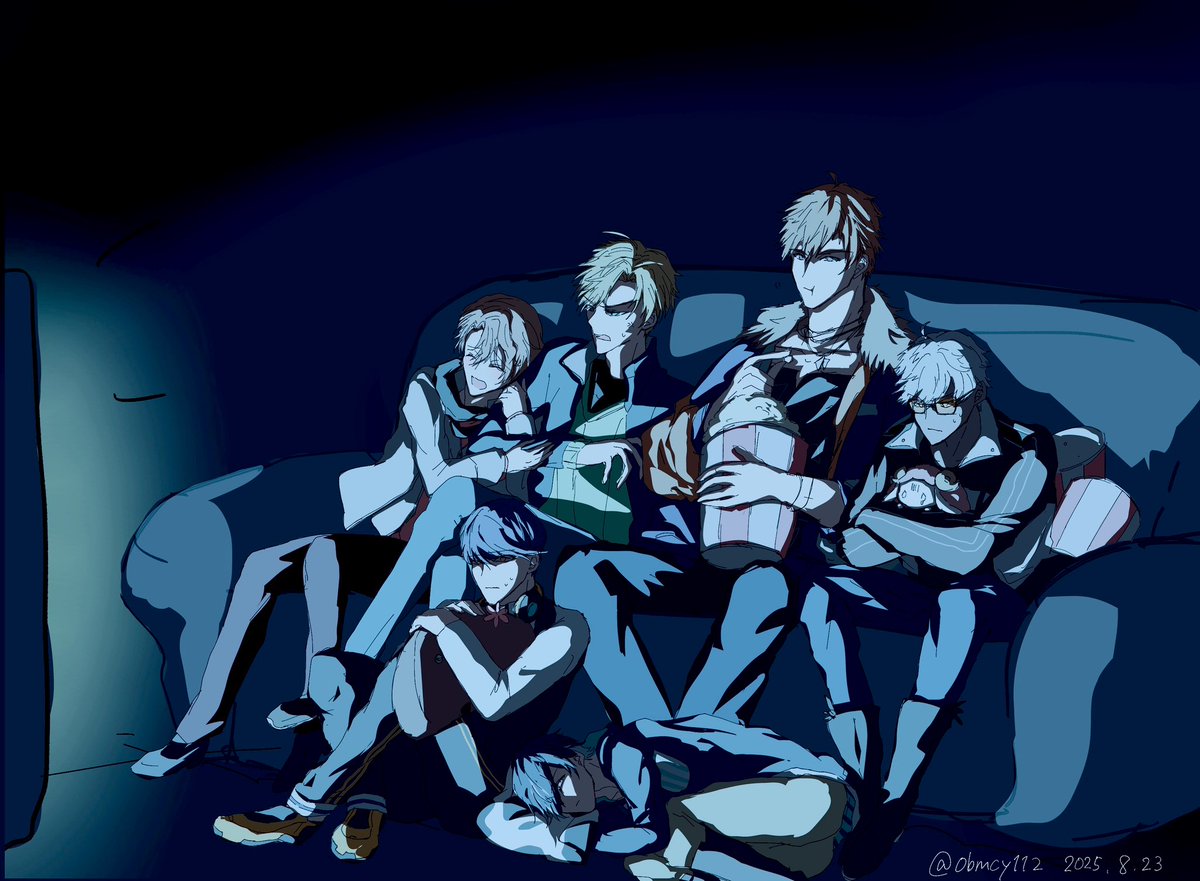 obmホラー企画、開催ありがとうございます！毎回多くの素敵な作品を楽しませてもらっているのですが、私にはホラーの引き出しがなく…
今回は企画へのファンアートを描きました😊
ホラー映画上映会だよ〜