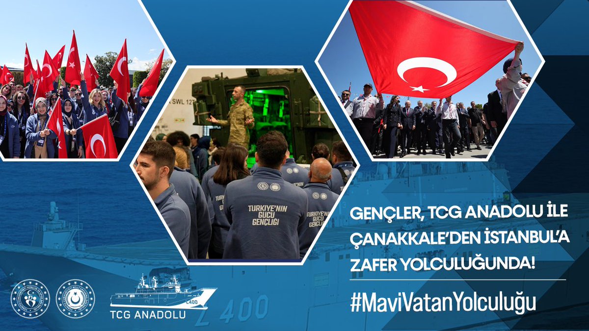 Büyük Türkiye’nin büyük eserlerinden TCG Anadolu, büyük düşünen gençlerle buluşuyor. 🛳️🇹🇷

350 gencimiz, Zafer Haftası'nda TCG Anadolu gemisiyle Çanakkale’den İstanbul’a doğru yola çıkıyor.

Hep birlikte, hep daha iyiye, hep daha ileriye! 

#MaviVatanYolculuğu 🩵