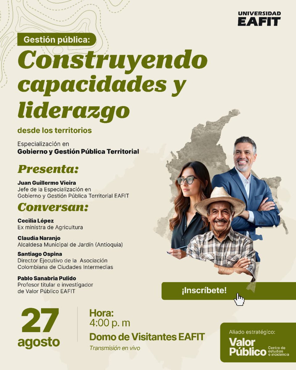 📢 Lanzamos la nueva Especialización en Gobierno y Gestión Pública Territorial en <a href="/EAFIT/">Universidad EAFIT</a> 🎓

Acompáñanos al conversatorio “Construyendo capacidades y liderazgo desde los territorios”.

📅 27 de agosto | 🕓 4:00 p.m.
📍 Domo de Visitantes EAFIT

Inscríbete: forms.gle/NZVEe1XTH6iBtw…