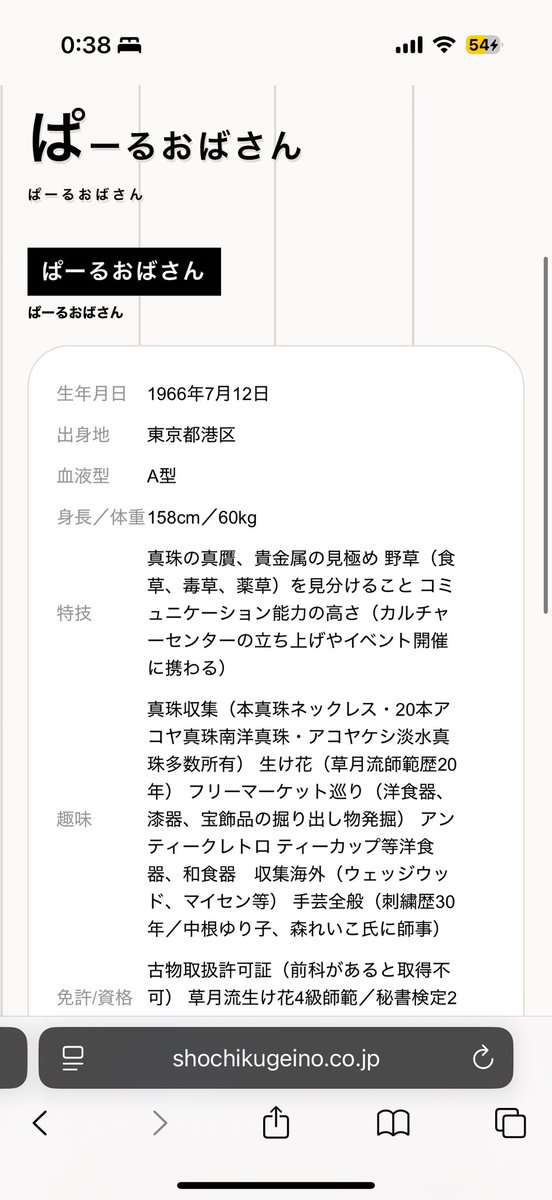 ぱーるおばさんさん趣味と特技がエレガントすぎる
古物取扱許可証（前科があると取得不可）笑う