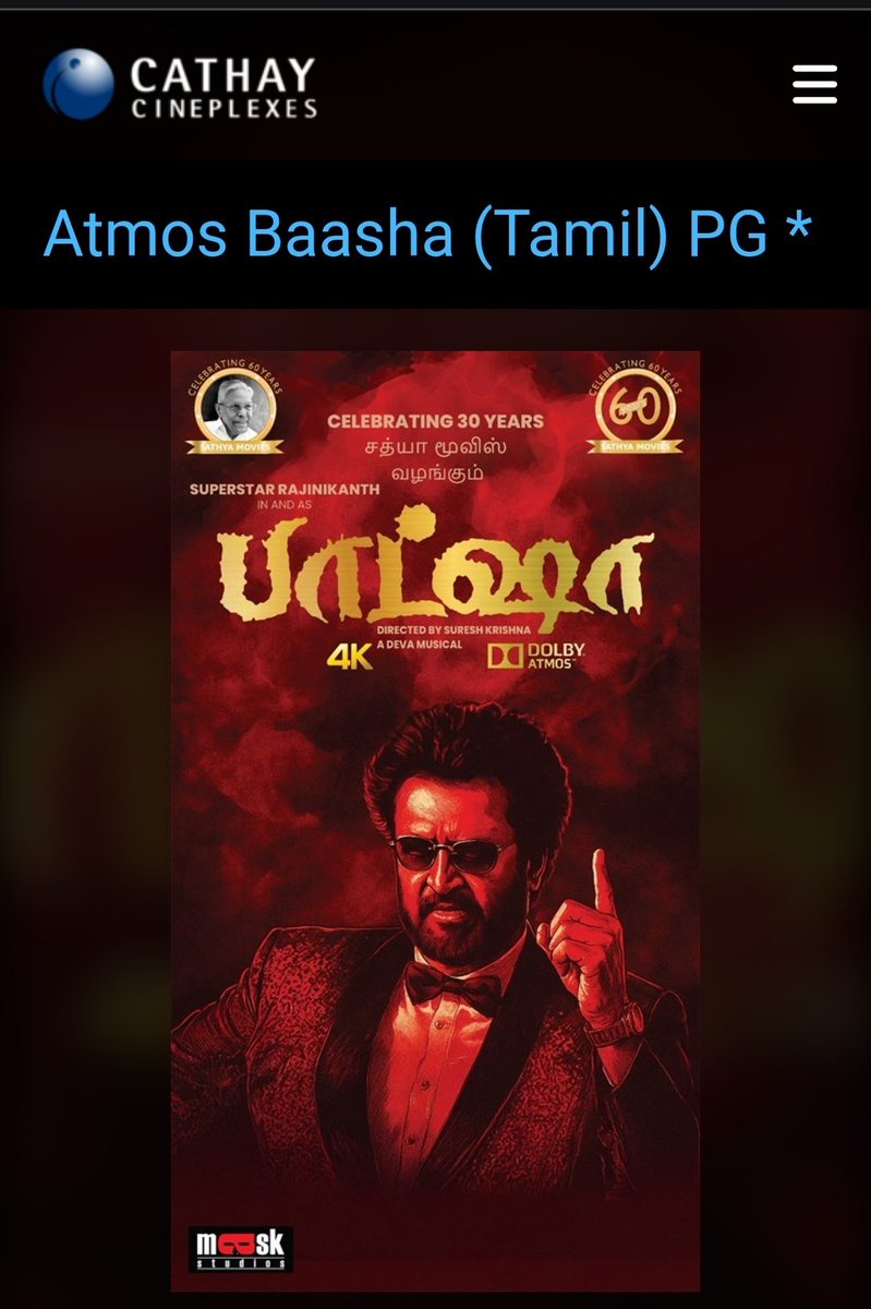 _sgcafe's tweet photo. The FIRST EVER Dolby Atmos Tamil film in Singapore 🇸🇬 is here! And it's none other than Superstar Rajinikanth's cult hit #Baasha! Grab your tickets now exclusively on Cathay! Kudos to Mask Studios for making this possible! 

@rajinikanth @RIAZtheboss #baasharerelease #baashha https://t.co/gS2Tir2D0Y