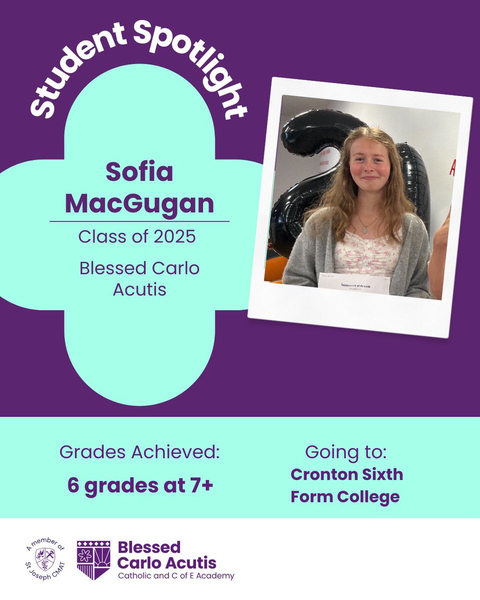 Blessed Carlo Acutis Academy (@blessedcarloa) on Twitter photo ✨Student Spotlight✨
Congratulations to Sofia who achieved fantastic GCSE results, including top grades of 8s and 9s in History, English and RE.
Sofia worked incredibly hard, and was a crucial part of the leadership team.
Sofia will be going on to study A-levels <a href="/StJosephCMAT/">St Joseph Catholic Multi Academy Trust</a> ✨Student Spotlight✨
Congratulations to Sofia who achieved fantastic GCSE results, including top grades of 8s and 9s in History, English and RE.
Sofia worked incredibly hard, and was a crucial part of the leadership team.
Sofia will be going on to study A-levels <a href="/StJosephCMAT/">St Joseph Catholic Multi Academy Trust</a>