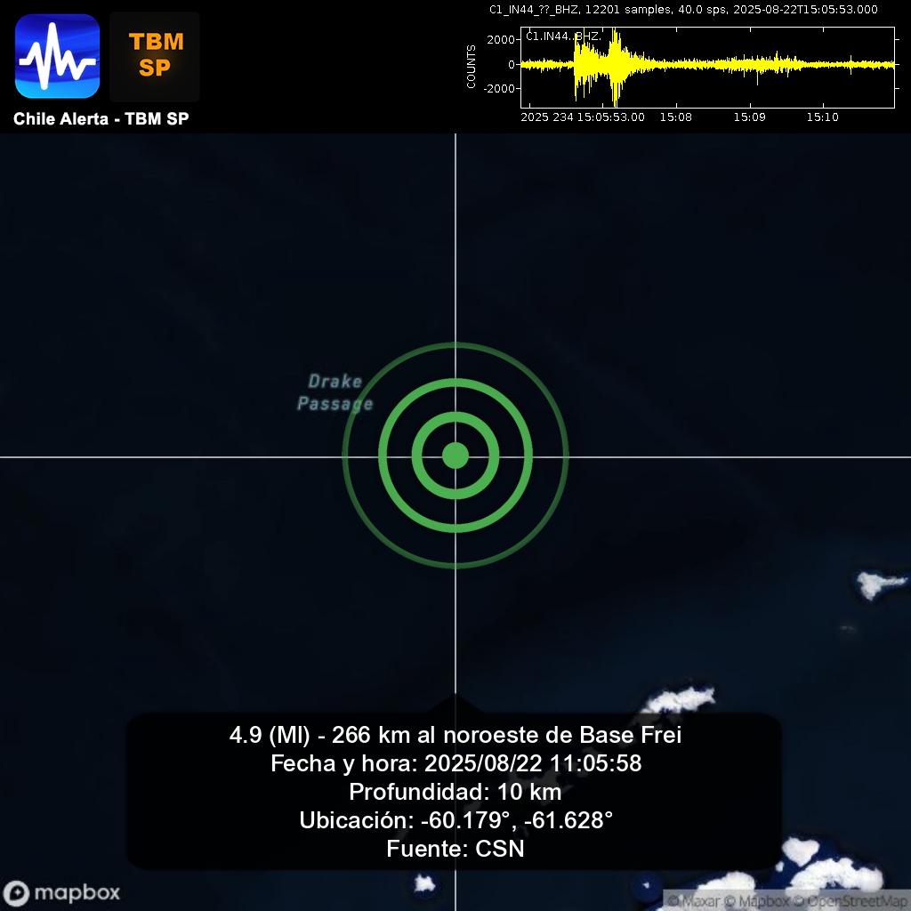ChileAlertaApp's tweet photo. Aviso de nuevo sismo. 🇨🇱
4.9 (Ml) - 266 km al noroeste de Base Frei.
2025/08/22 11:05:58
App: https://t.co/RblVNxZYn8

🔁 Comparte, comenta y síguenos 👍

#BaseFrei #earthquake #sismo #temblor #terremoto #CSN #GUC #Chile https://t.co/9RWJR3FbYp