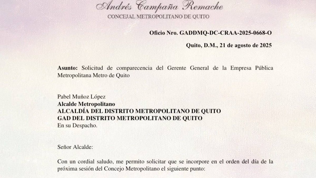 He solicitado el informe del Gerente del Metro de Quito en el Concejo Metropolitano.

Por segunda vez, el proceso de contratación del principal servicio de mantenimiento preventivo correctivo de metro fracasó.

A un año y nueve meses de operación comercial, Quito exige