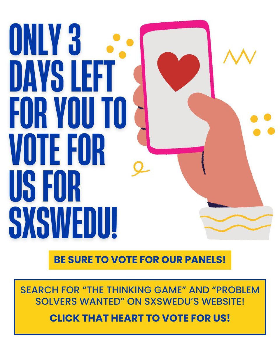 ⏳ Just 3️⃣ days remain! ⏳ 
 Help Project Tomorrow bring our panel to #SXSWEDU. 🗳️✨ 

♥️ Problem Solvers Wanted: participate.sxsw.com/flow/sxsw/sxsw… 

♥️ ️The Thinking Game: participate.sxsw.com/flow/sxsw/sxsw… 

♥️ Missing Millions: participate.sxsw.com/flow/sxsw/sxsw…