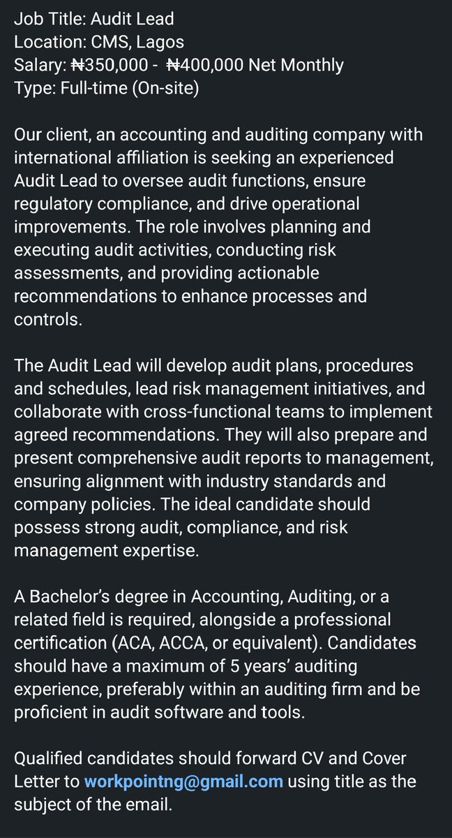 Hiring! Audit Lead
📍Lagos Island