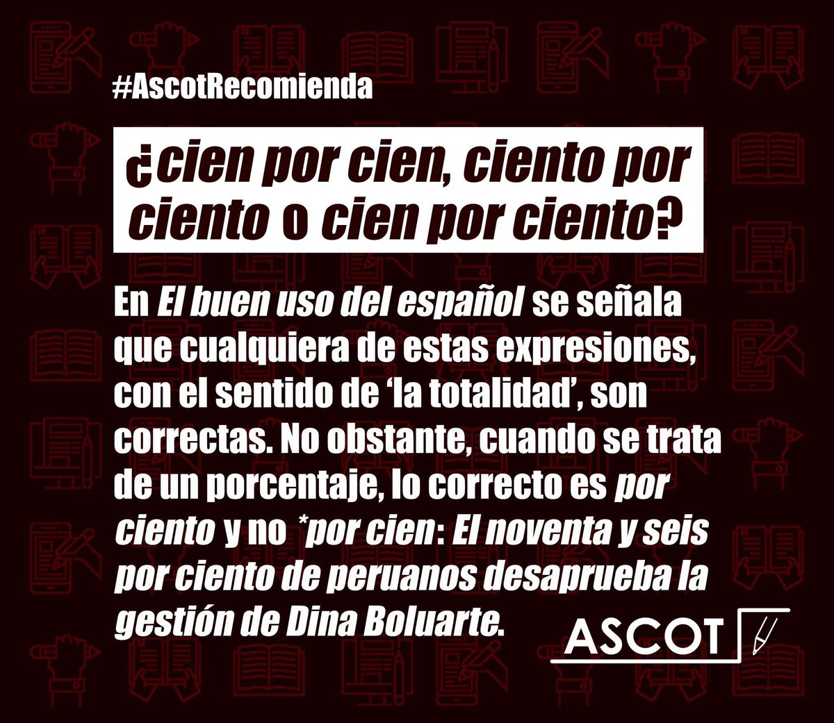 ¿CÓMO SE ESCRIBE? Vía <a href="/AscotPeruOf/">Ascot Perú</a>: “El blog «Castellano actual» detalla que únicamente la expresión «100 %» admite dos formas de expresarse: «ciento por ciento» (preferida en América) y « cien por ciento» o «cien por cien» (preferida en España)”. #AscotRecomienda 
🔠🔤⬇️