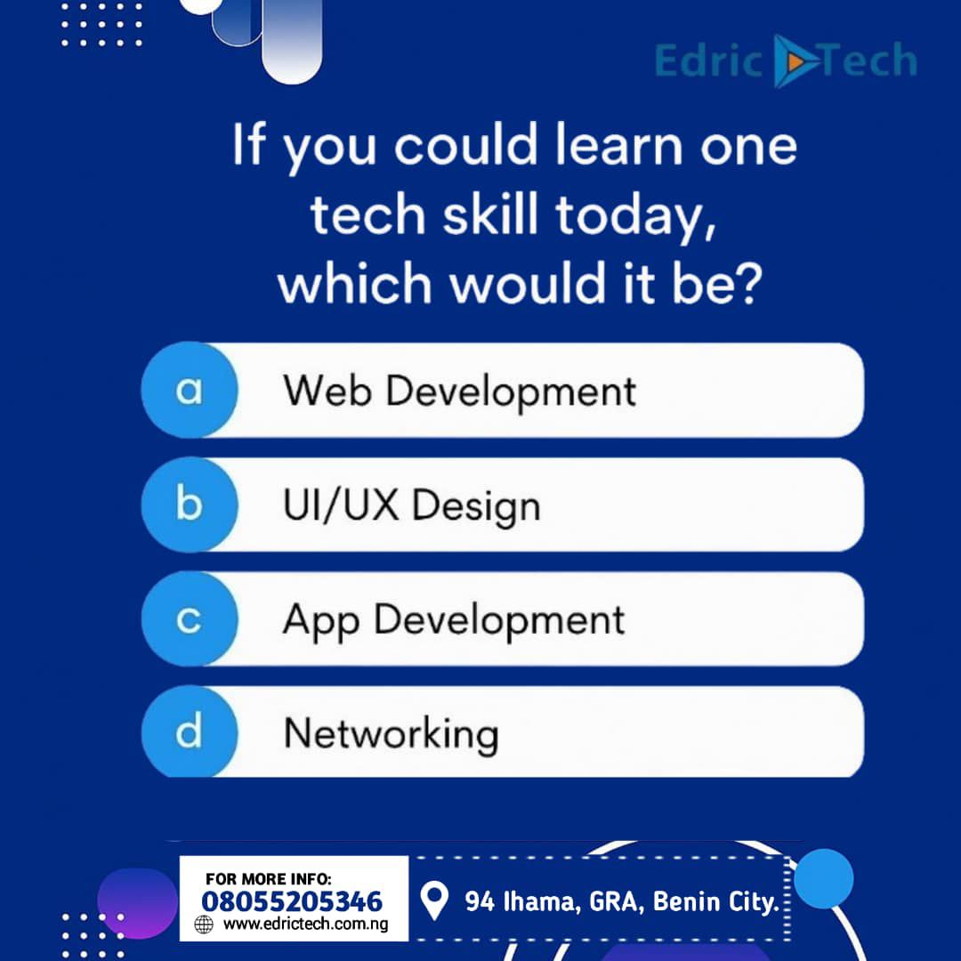 edric_tech's tweet photo. 💡One Skill, Endless Opportunities!
If you could master ONE tech skill today, which would it be? 🤔
a) Web Development 🌐
b) UI/UX Design 🎨
c) App Development 📱
d) Networking🌍 

👉 Comment your choice below! 🚀
#tech
#benincitytech #benincitybusiness #tech #edrictech #fyp https://t.co/uC7NoQg3PK