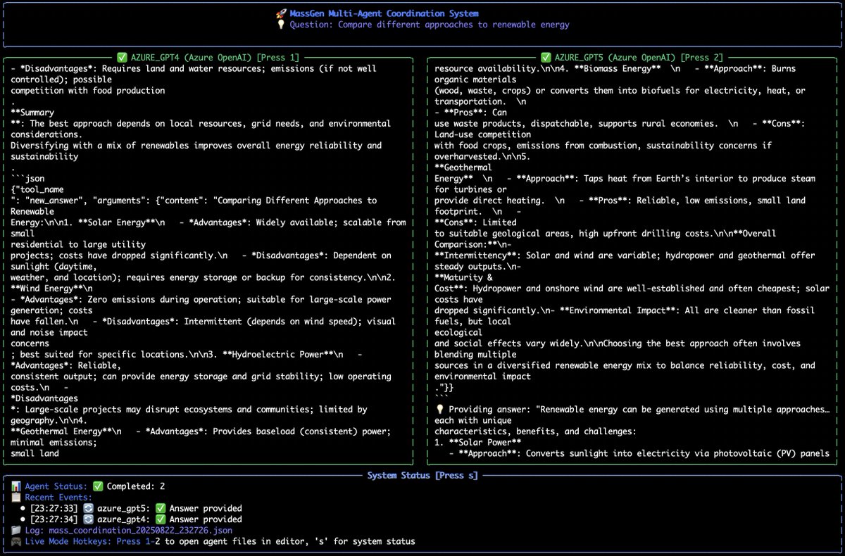 MassGen 0.0.10 is out with Azure OpenAI backend support!  🚀 This is an important step in expanding MassGen’s support for enterprise users. Take it for a spin with Azure OpenAI and tell us how it works for you!

github.com/Leezekun/MassG…

#AI #AgenticAI #MultiAgent