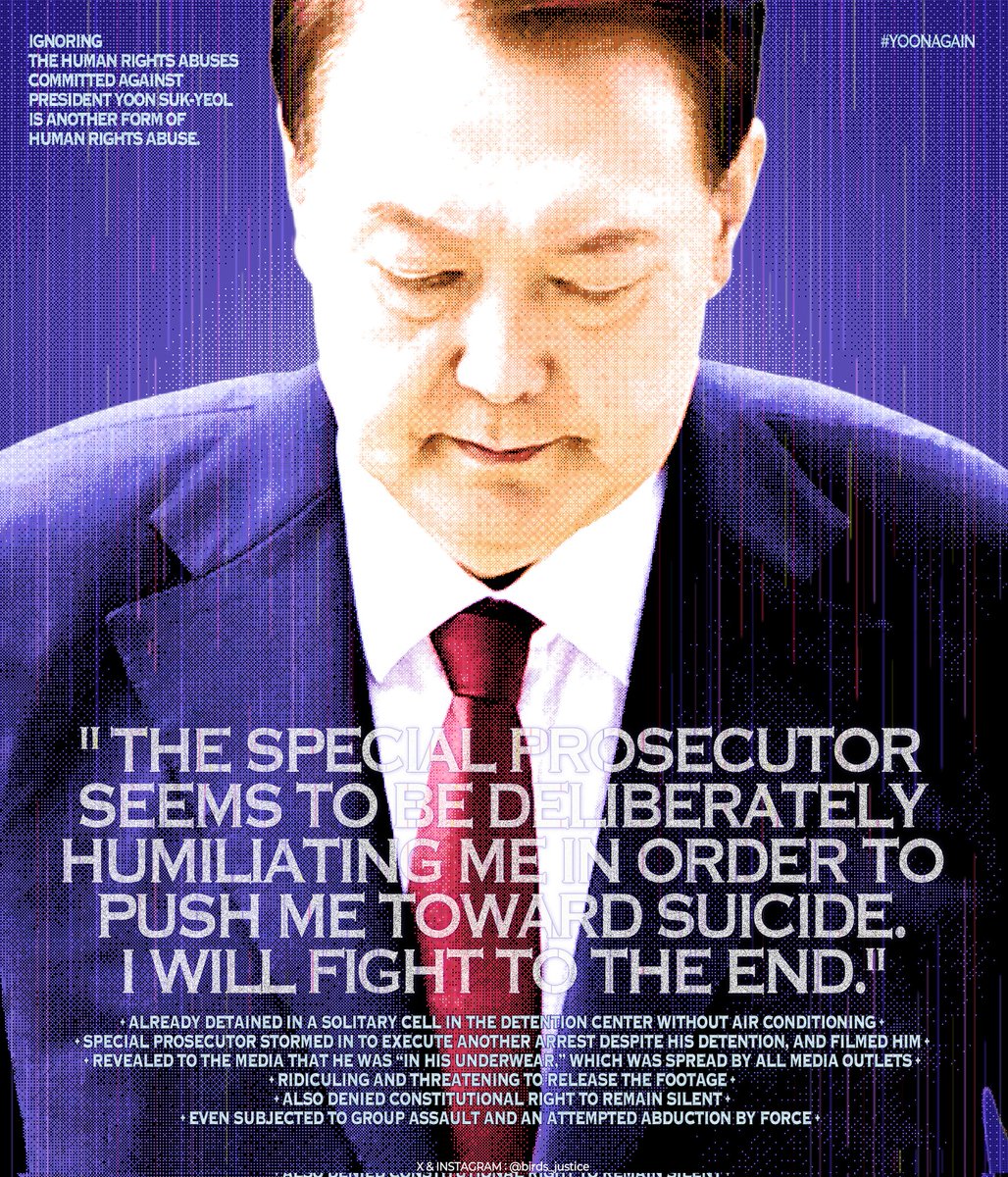 birds_justice's tweet photo. IGNORING THE HUMAN RIGHTS ABUSES COMMITTED AGAINST PRESIDENT YOON SUK-YEOL IS ANOTHER FORM OF HUMAN RIGHTS ABUSE.
PRESIDENT YOON IS STILL FIGHTING WITHOUT GIVING UP🇰🇷
@realDonaldTrump @WhiteHouse @GordonGChang @CPAC @ColonelRETJohn2 @DrTaraO @mschlapp @NewshamGrant @FredFleitz @A1Policy @DonaldJTrumpJr @VP  @JDVance @LauraLoomer @visegrad24 @NEWSMAX @Bannons_WarRoom @charliekirk11 @ChuckGrassley @SecRubio @FBI