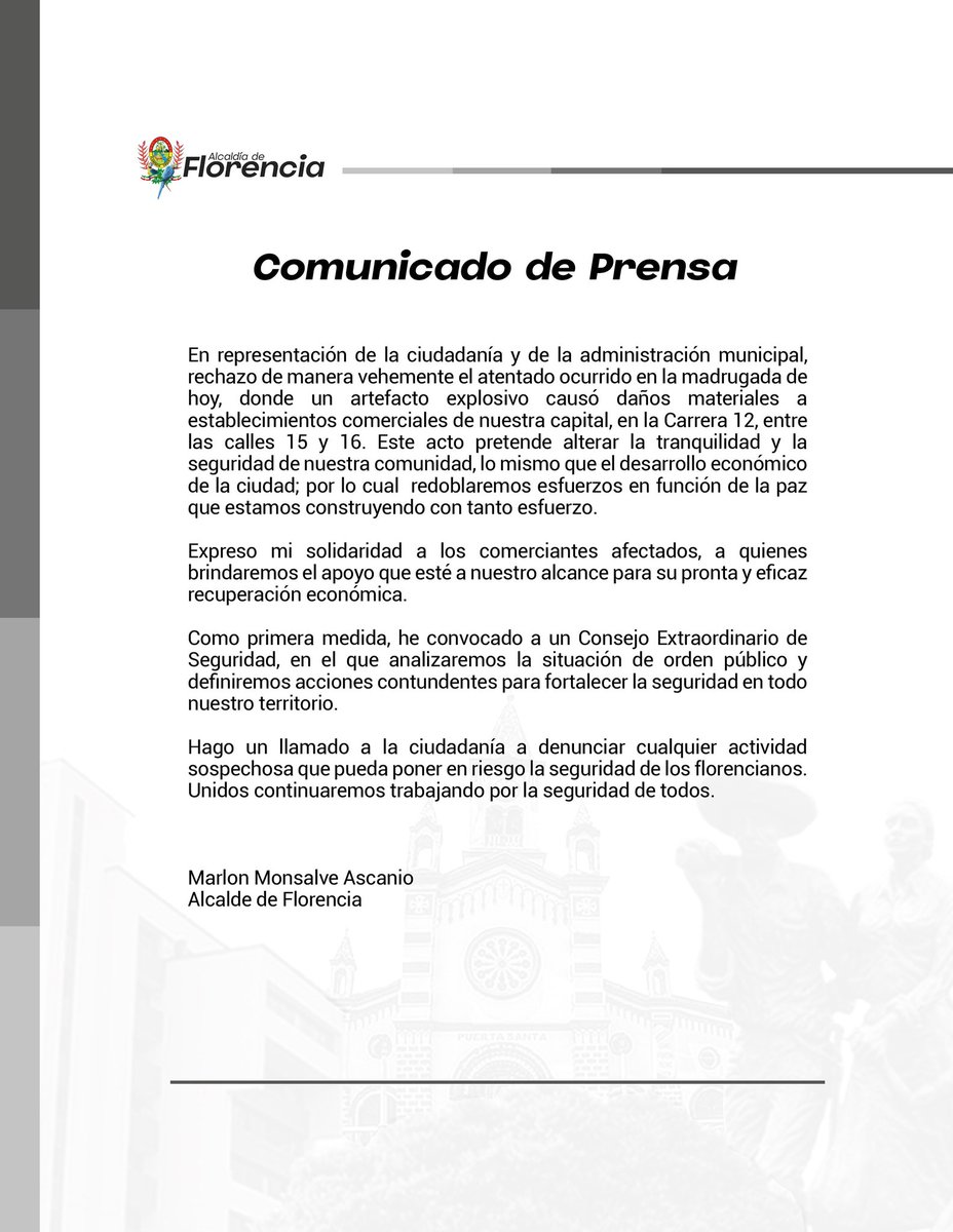 Rechazo con vehemencia  el reciente atentado. Mi solidaridad con los comerciantes afectados. Redoblaremos esfuerzos para proteger a nuestra comunidad y fortalecer la seguridad. Su denuncia es clave. ¡No permitiremos que la tranquilidad de Florencia se vea afectada!