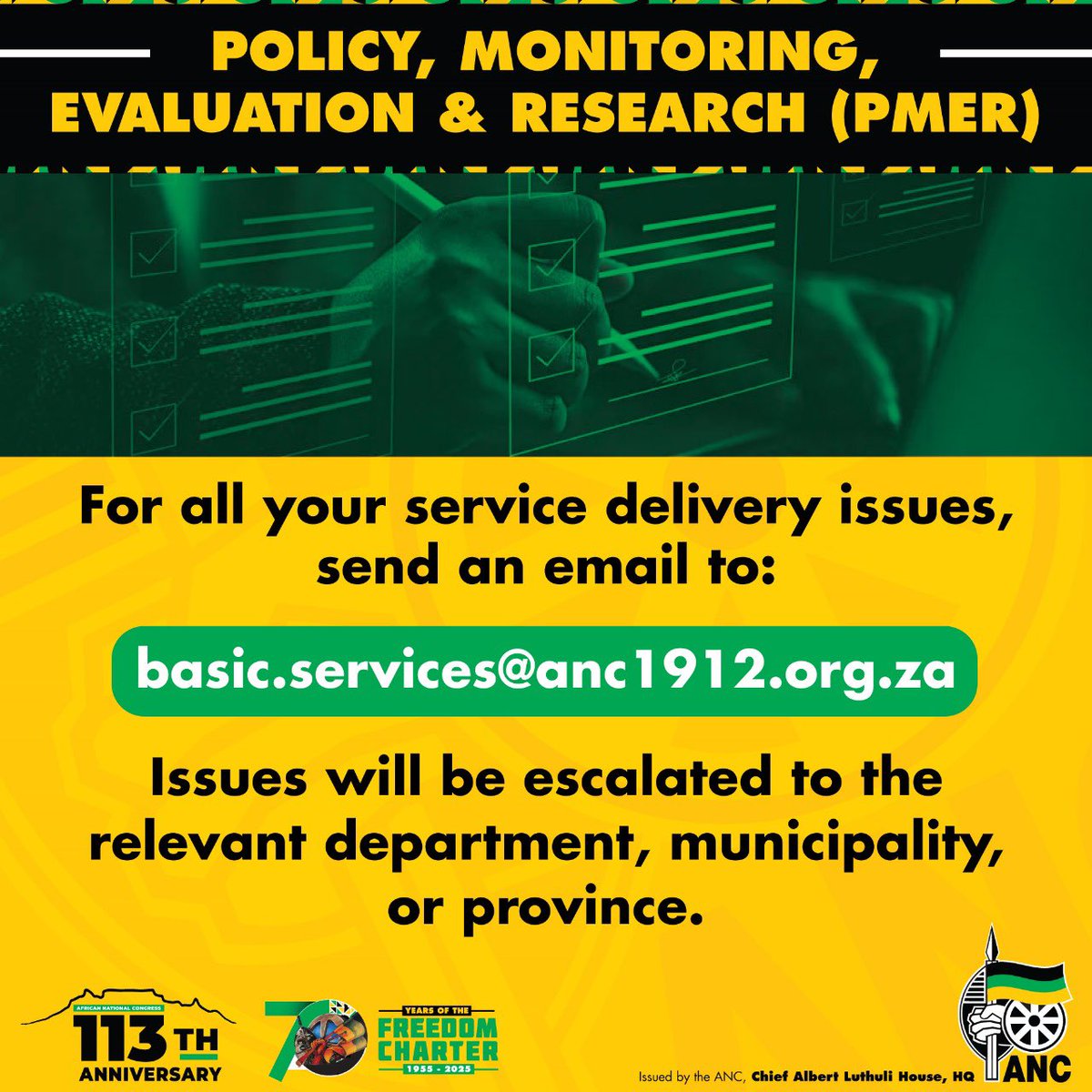 ANC - African National Congress (@myanc) on Twitter photo For all your service delivery issues, send an email to: basic.services@anc1912.org.za
Issues will be escalated to the relevant department, municipality, or province. For all your service delivery issues, send an email to: basic.services@anc1912.org.za
Issues will be escalated to the relevant department, municipality, or province.