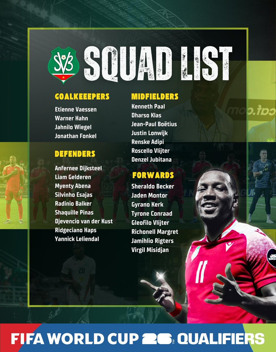 📝🇸🇷

La selección de Surinam, rival de <a href="/LaSelecta_SLV/">La Selecta</a> el próximo 8 de septiembre en el estadio Cuscatlán, anunció su selección preliminar para las eliminatorias del Mundial 2026.

#ElSalvador #Fútbol #LaSelecta