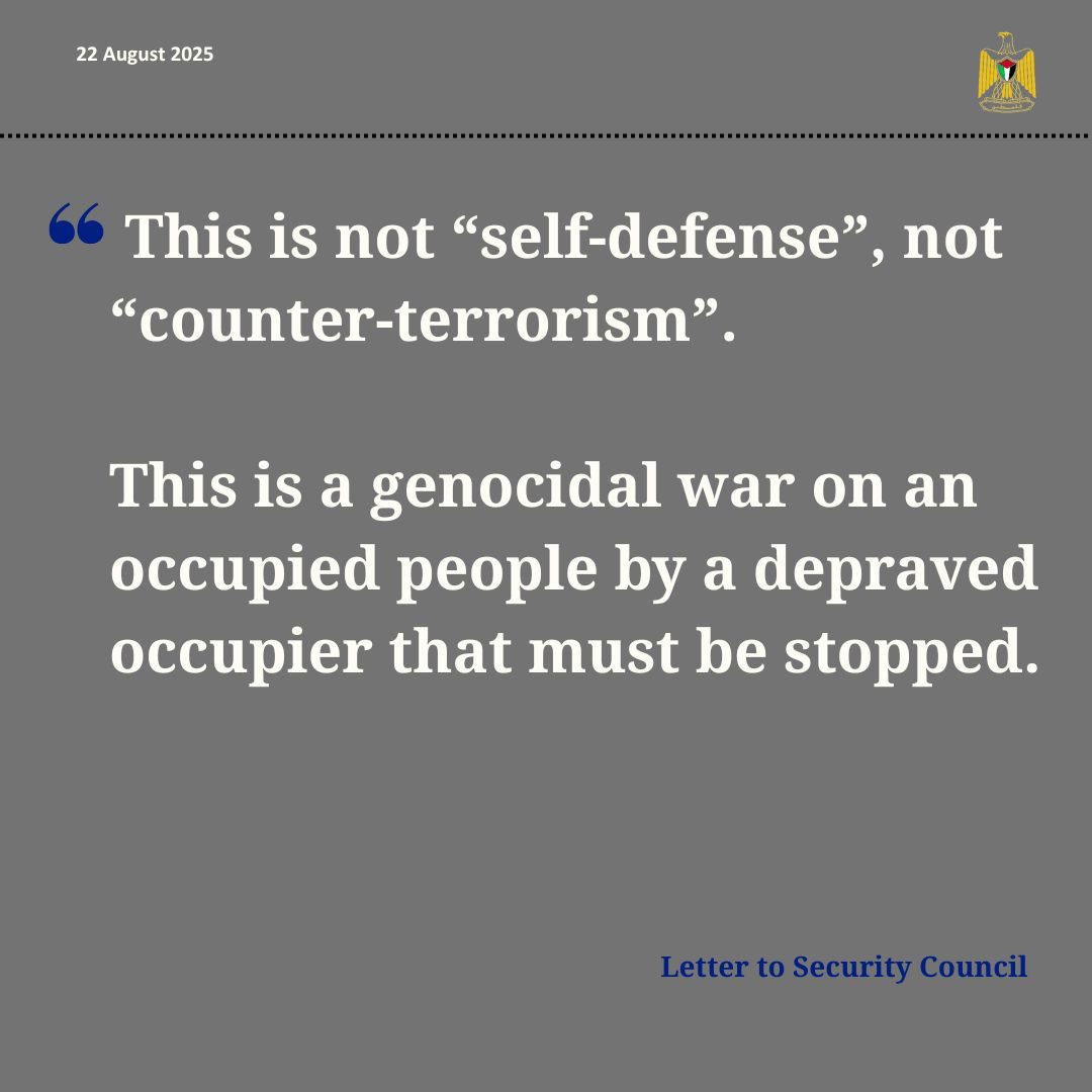 In an urgent letter to the Security Council in regards to the declaration of famine in Gaza, the State of Palestine affirmed:
