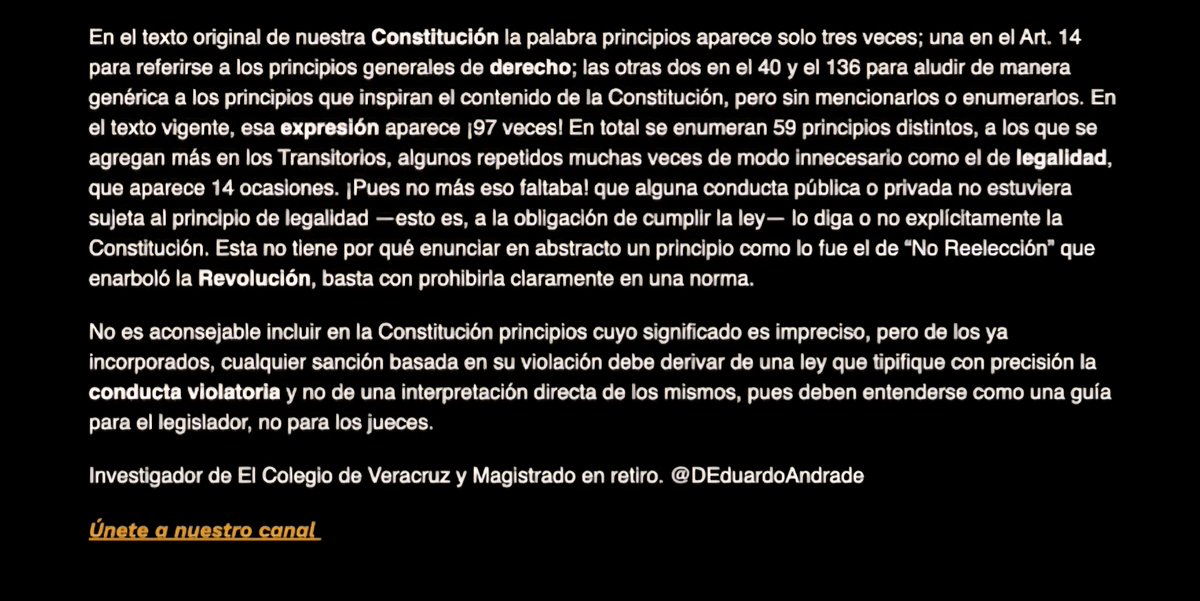 ¡Buen día! Les comparto mi artículo de esta semana en el que hago una crítica al principialismo, que es el vicio consistente en poner en las leyes enormes listas de principios que solo generan confusión jurídica.