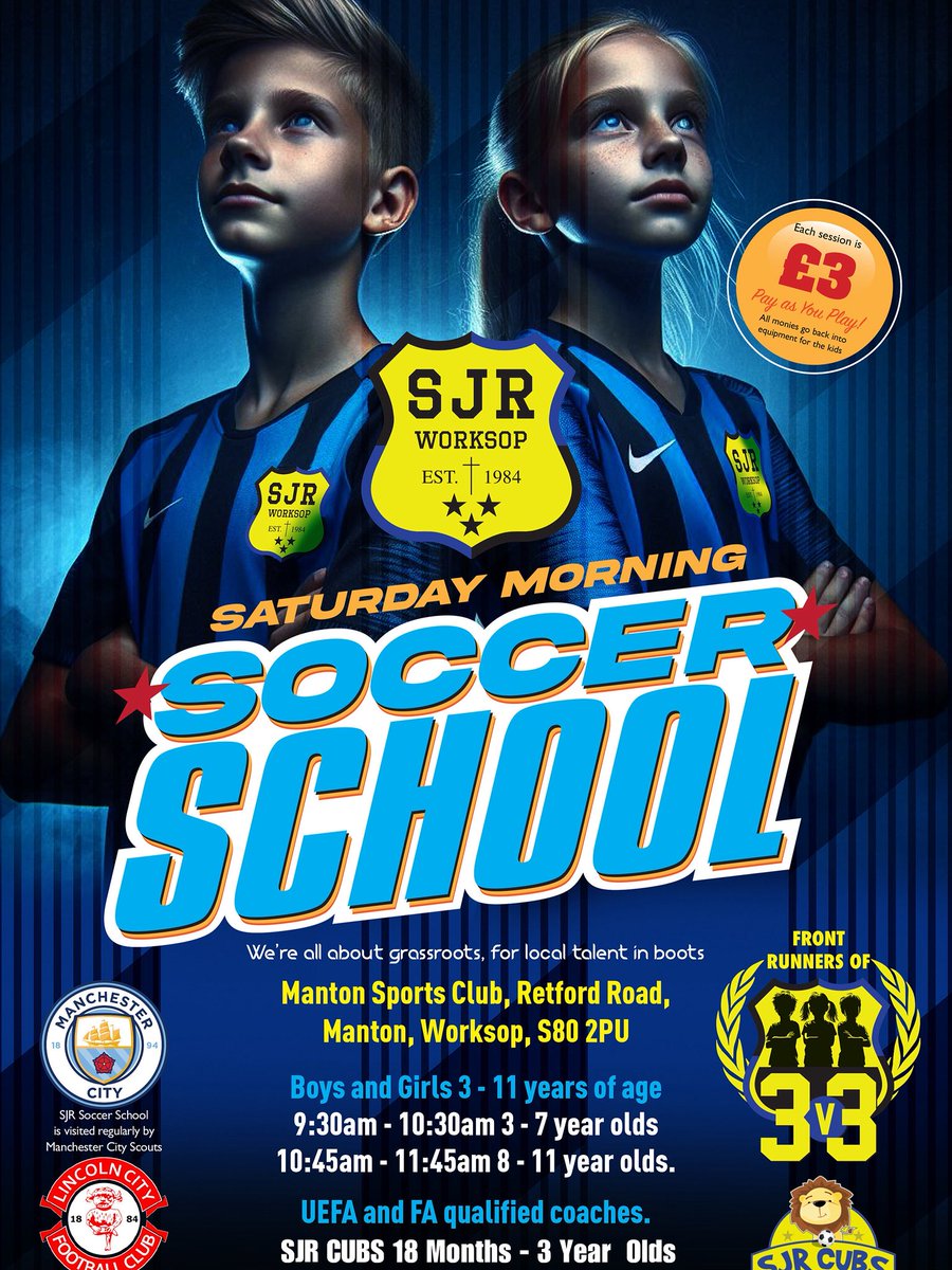 SJR WORKSOP FC (@sjrworksopfc) on Twitter photo โฝ๏ธ SJR WORKSOP SOCCER SCHOOL
๐ Manton Club, every Saturday!
๐ถ Forming new U7s for 26/27 season
๐ 120+ kids weekly โ the perfect start to their football journey!
๐ค 9:30โ10:30 Ages 3โ7 & GK
๐ค 10:45โ11:45 Ages 8โ11 & Cubs (18mโ3y)
๐๐ค #TheClubOfOpportunity
<a href="/DeltaNorbridge/">Norbridge Academy</a> โฝ๏ธ SJR WORKSOP SOCCER SCHOOL
๐ Manton Club, every Saturday!
๐ถ Forming new U7s for 26/27 season
๐ 120+ kids weekly โ the perfect start to their football journey!
๐ค 9:30โ10:30 Ages 3โ7 & GK
๐ค 10:45โ11:45 Ages 8โ11 & Cubs (18mโ3y)
๐๐ค #TheClubOfOpportunity
<a href="/DeltaNorbridge/">Norbridge Academy</a>