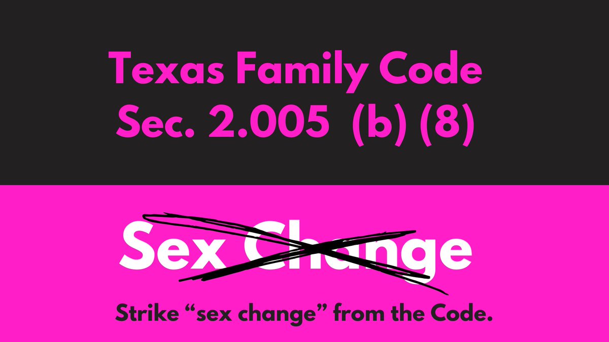 AskATranswidow's tweet photo. I would like to register my support for SB 8 with the following caveat: SB8 is meaningless unless Texas Legislature amends the Texas Family Code Section 2.005 (b) (8) to remove "sex change". 

This portion of the code states that a court order is sufficient to establish a change of sex. This creates a legal obstacle to the enforcement of the Texas Women's Privacy https://t.co/4uxzsDgHXM recognizing a court order of sex change as legally sufficient proof of sex for official purposes, § 2.005(b)(8) allows a male to be legally classified as female. Once reclassified, such an individual could claim access to female-only spaces, directly undermining SB 8’s protections. he two statutes are in direct tension:

SB 8: “female” means biological female.

Family Code § 2.005(b)(8): a court can declare a male to be legally female. Thus, the privacy protections SB 8 seeks to secure may be rendered unenforceable by operation of the Family Code. 

While I do believe females deserve to have the dignity of female only spaces (with notable exceptions for disabled or minors in the company of a caregiver) is appropriate. I do hope the bill passes, it amounts to nothing more than political theater and half-hearted or empty measures when the legislature moves forward without full knowledge of the history of its own body's policymaking.  This passage would be a great headline for Republican lawmakers, but it will not protect women and girls.  

To preserve the intent of SB 8, the Family Code should be amended to clarify that a court order of sex change does not alter biological sex for the purposes of statutes concerning sex-segregated facilities, privacy, or safety provisions.

A possible amendment could read:

“For purposes of this Code and other statutes relating to privacy, safety, or the use of sex-segregated facilities, the terms ‘male’ and ‘female’ shall be defined by biological sex at birth. A court order relating to a change of sex under Subsection (b)(8) shall not alter this definition.”

Without amendment, SB 8’s protections for women’s privacy are vulnerable to circumvention through judicial recognition of sex changes under the Family Code. To harmonize Texas law and safeguard the legislative intent of SB 8, the Legislature should amend § 2.005(b)(8) (and related provisions) to clarify that a legal recognition of gender reassignment does not override statutory protections for female-only spaces based on biological sex.