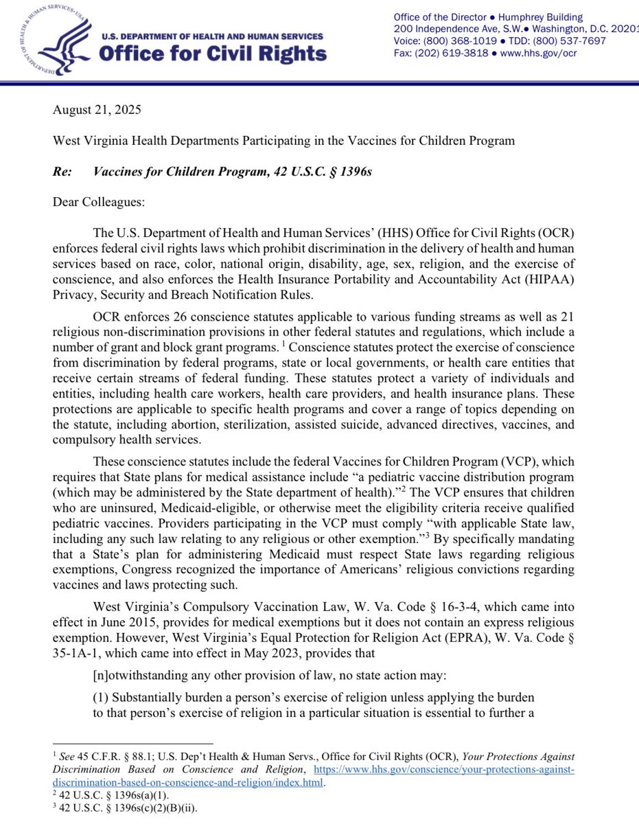 laurenlee's tweet photo. 🚨 BREAKING: HHS finds West Virginia in VIOLATION of religious rights by BLOCKING vaccine exemptions in schools!

“West Virginia receives $1.37 billion from the Centers for Medicare & Medicaid Services each year. Therefore, it is obligated to ensure recognition of religious exemptions from West Virginia’s Compulsory Vaccination Law.”

Massive win for religious and medical freedom! 

Damages for Covid are reversing in real-time. 👏

Which state is next?