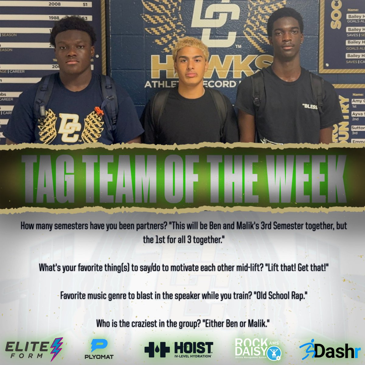 Thanks to Hoist, This week’s Male Hulk Hawk Tag Team Partners of the Week goes to Chris Gervais, Ben Garcia-Bothwell and Malik Campbell. Here’s some more info on this great group. 

#DecaturProud #HulkHawks #Compete #Hawkamania #personalbest