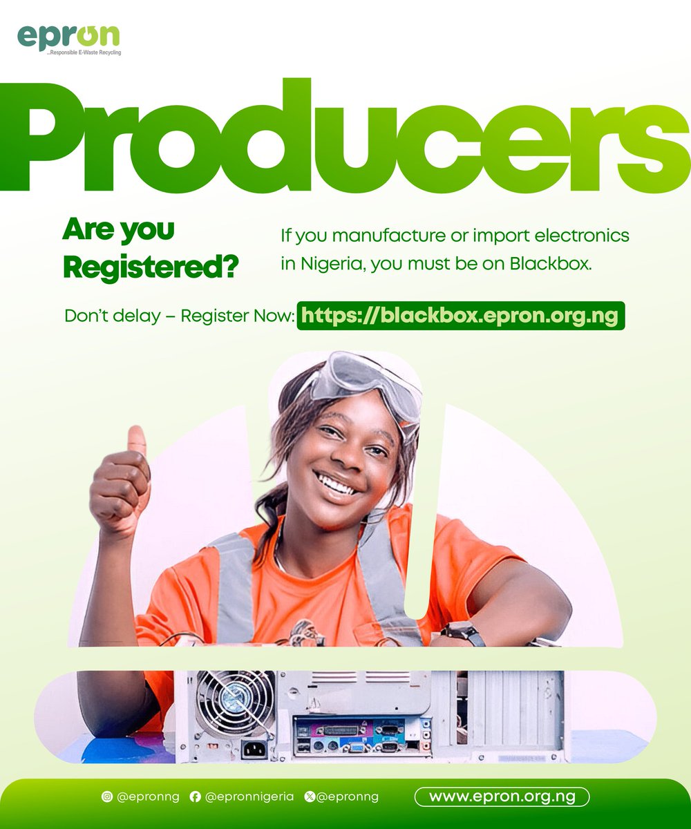 If you manufacture or import electrical and electronic equipment in Nigeria, there’s one important question you must answer today:
👉 Are you registered on Blackbox?

🚀 The time to act is NOW.
👇 Click the link below and register now:
🔗 blackbox.epron.org.ng

#EPRON #Blackbox