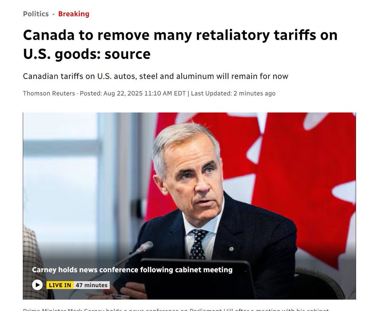 Carney just dropped most of Canada’s retaliatory tariffs on U.S. goods, except autos, steel, and aluminum. 

$21B worth gone. Call it strategy, call it surrender… either way, Canadians deserve leaders who put us first, not Washington.

#cdnpoli #CanadiansFirst