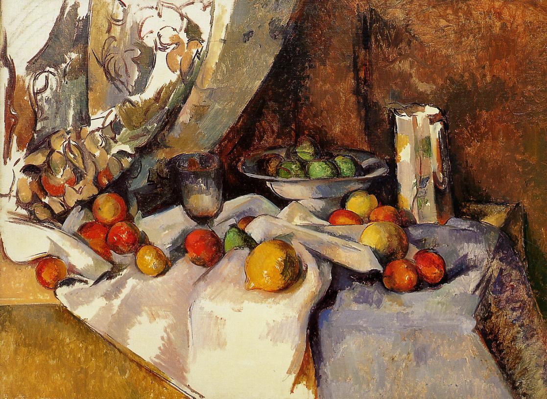 Still Life Post, Bottle, Cup and Fruit, 1871 #artbots #cezanne