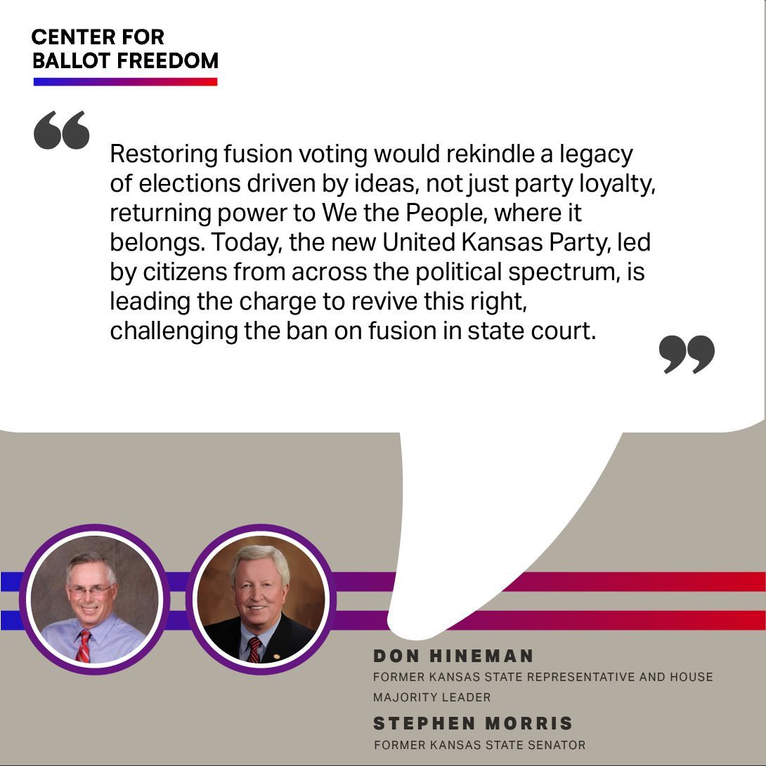 fusionvoting's tweet photo. Restoring fusion voting means elections driven by ideas, not blind party loyalty—putting power back where it belongs: with We the People. 🗳️
United Kansas Party is leading the charge to revive this right in state court. #FusionVoting #KSpolitics @DonHineman @UnitedKansas https://t.co/IaGcsqMbfi