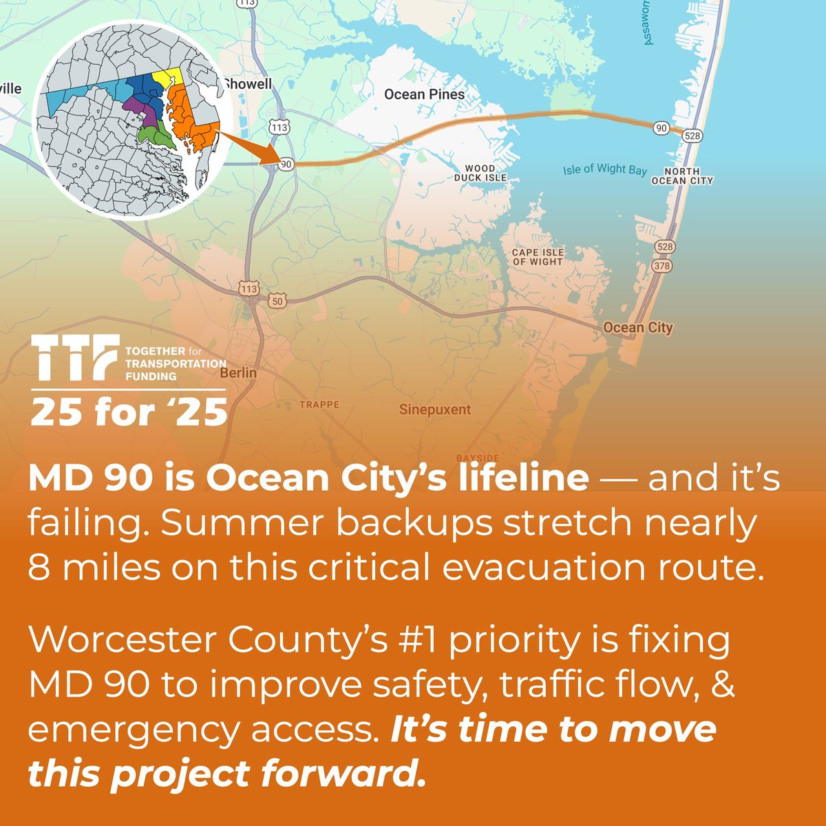 MD_TTF's tweet photo. As the primary evacuation route out of Ocean City, MD 90 is dangerously congested—summer backups stretch nearly 8 miles. Fixing the MD 90 corridor is Worcester County and Ocean City’s top transportation priority.

A study confirmed urgent needs: better traffic flow, added capacity, improved safety, access for pedestrians and cyclists, and reliable evacuation routes. This project is critical—we must move it forward now.

Have you experienced this congestion? Make your voice heard:
Simply click the link to send a letter to the editor of your local paper. Tell lawmakers to champion this project --> https://t.co/K6ucXijQnT 

#25for25 #TTF #Transportation #Infrastructure #Maryland #MTBMA #InfrastructureMatters #MOVEMaryland @MTBMA1
