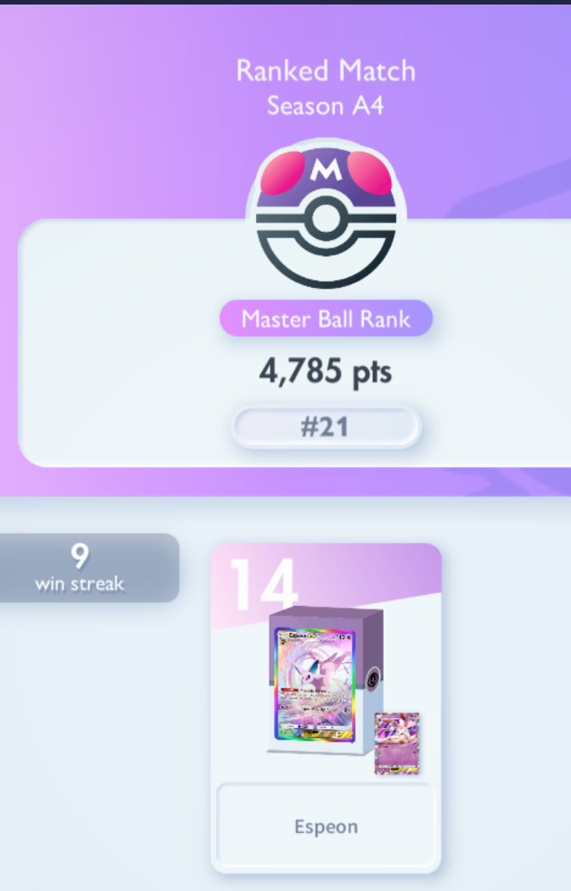 I just hit top 20 with my Espeon decklist.😄
#PokemonTCGPocket  #ポケポケ #ポケポケデッキ紹介
