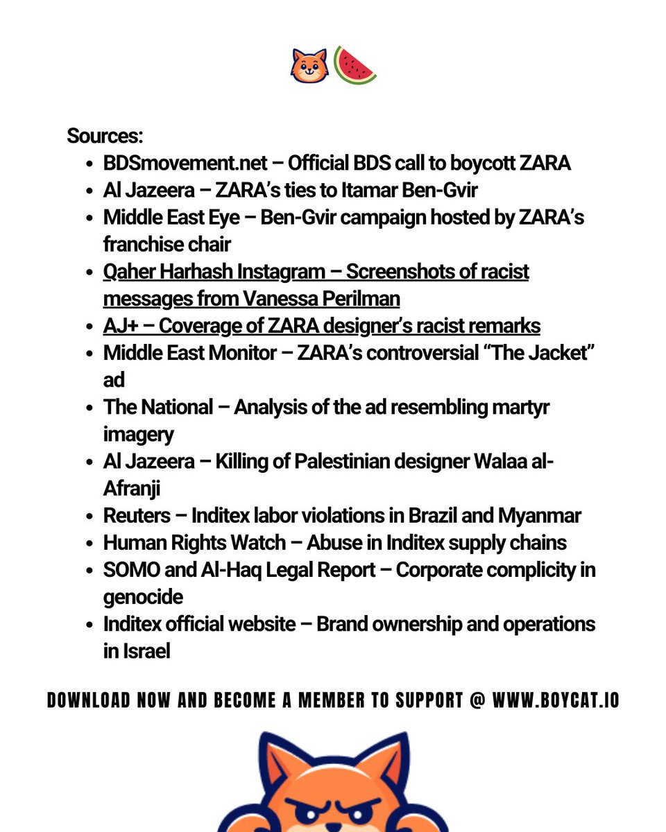 ZARA isn’t neutral. It is actively complicit.
Backed by BDS, workers, students, and ethical consumers are joining the global boycott of ZARA and Inditex brands.

📵 Boycott ZARA, Pull &amp; Bear, Bershka, Massimo Dutti, and more.