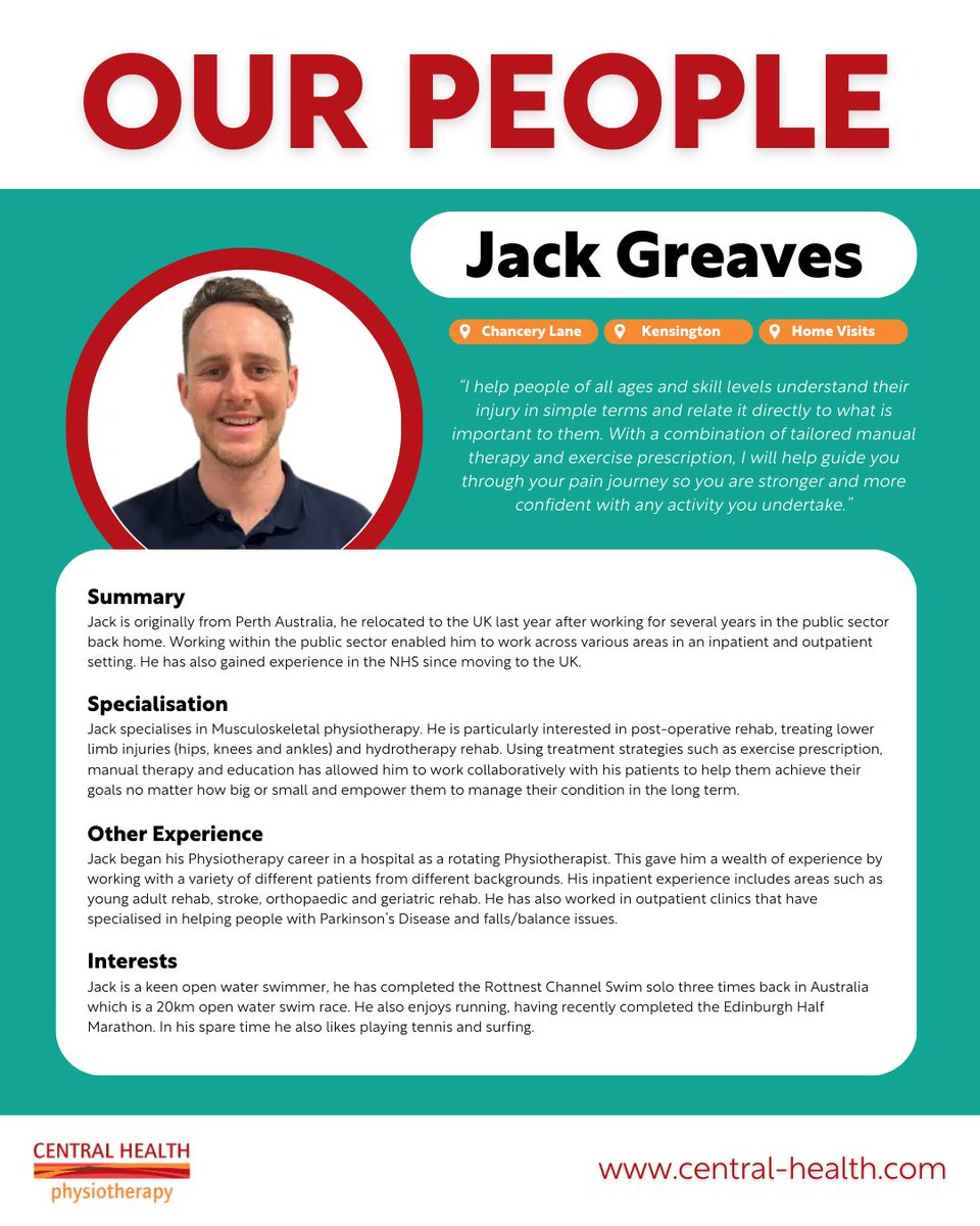 Originally from Perth, Australia, Jack brings a wealth of experience in musculoskeletal physiotherapy to the Central Health team. From post-operative rehab to hydrotherapy, he’s passionate about helping patients of all ages achieve their goals and regain confidence 💪