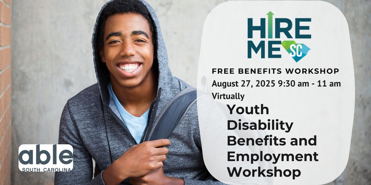 Don't miss it- coming Wednesday- Youth Disability Benefits and Employment Workshop 
Wednesday, August 27, 2025. 
Register for the workshop: ablesc.salsalabs.org/youthbenefitsw…
A special thanks to Disability Rights SC for funding this workshop!