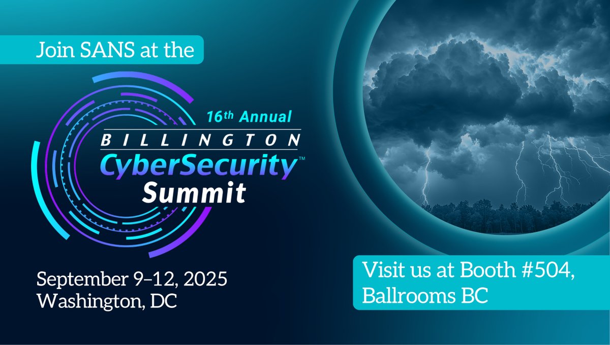 SANSInstitute's tweet photo. SANS is proud to be a Gold Sponsor & Education Partner of the Billington CyberSecurity Summit, happening Sept. 9-12 in D.C.βvisit us at Booth 504!
See you there! π
@sansinstitute π€ @BillingtonCyber
https://t.co/N1J8LkKxFE
#SANSTraining #Cybersecurity #BillingtonCybersecurity #GovCyber