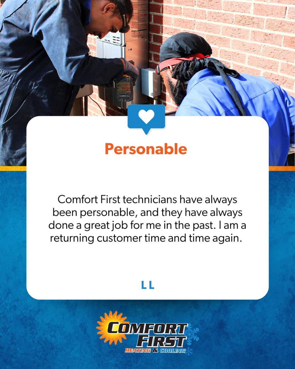 comfortfirstnc's tweet photo. We don’t just fix systems—we show up with a smile, listen to what you need, and treat your home like it’s our own. Because at Comfort First, being personable isn’t a bonus—it’s who we are. #FiveStarFriday https://t.co/hd9qXBFOaw